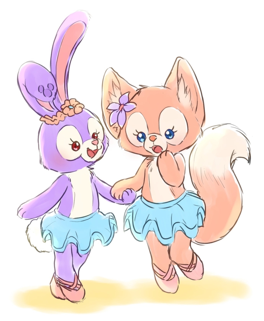 2girls, animal_ears, ballet_slippers, chusan_39, duffy_and_friends, fox, fox_ears, full_body, furry, highres, humanization, linabell, looking_at_viewer, multiple_girls, no_humans, rabbit_ears, rabbit_girl, skirt, smile, stellalou, stuffed_animal, stuffed_toy