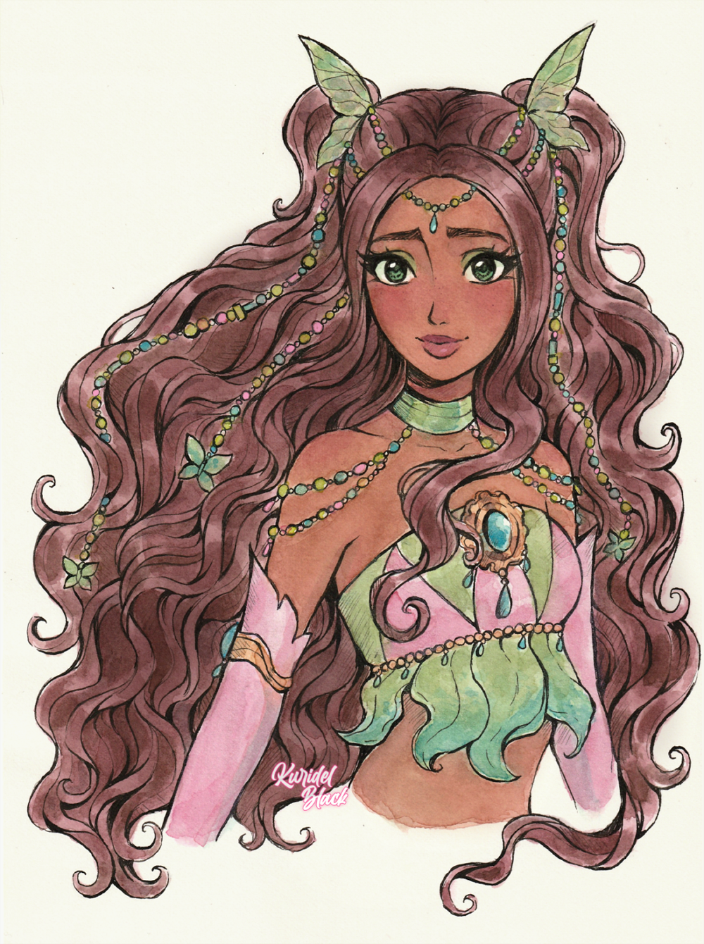 aisha_(winx_club), bare_shoulders, brown_hair, dark-skinned_female, dark_skin, fairy, fairy_wings, green_wings