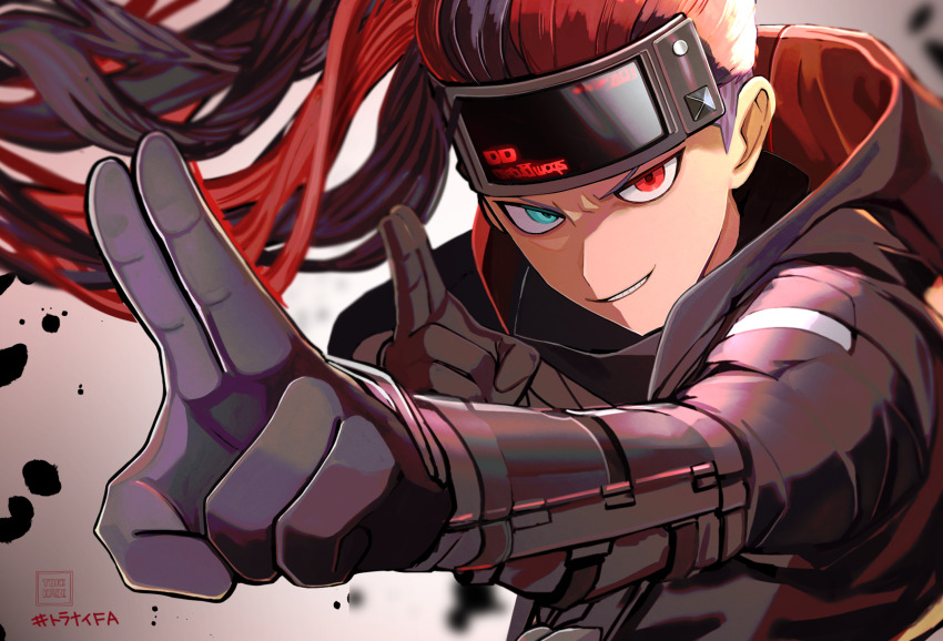 1boy, akiba_ichinosuke, aqua_eyes, black_gloves, black_hair, forehead_protector, gloves, grey_background