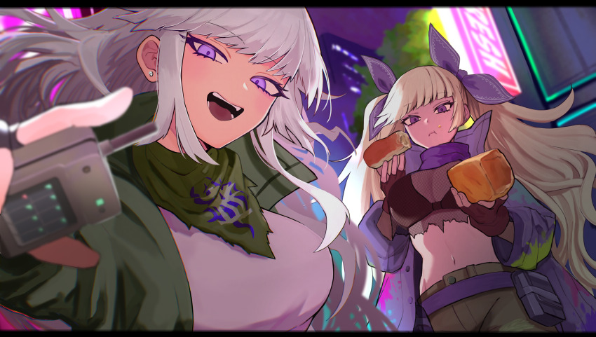 2girls, :d, :t, absurdres, black_bra, bra, bread, breasts