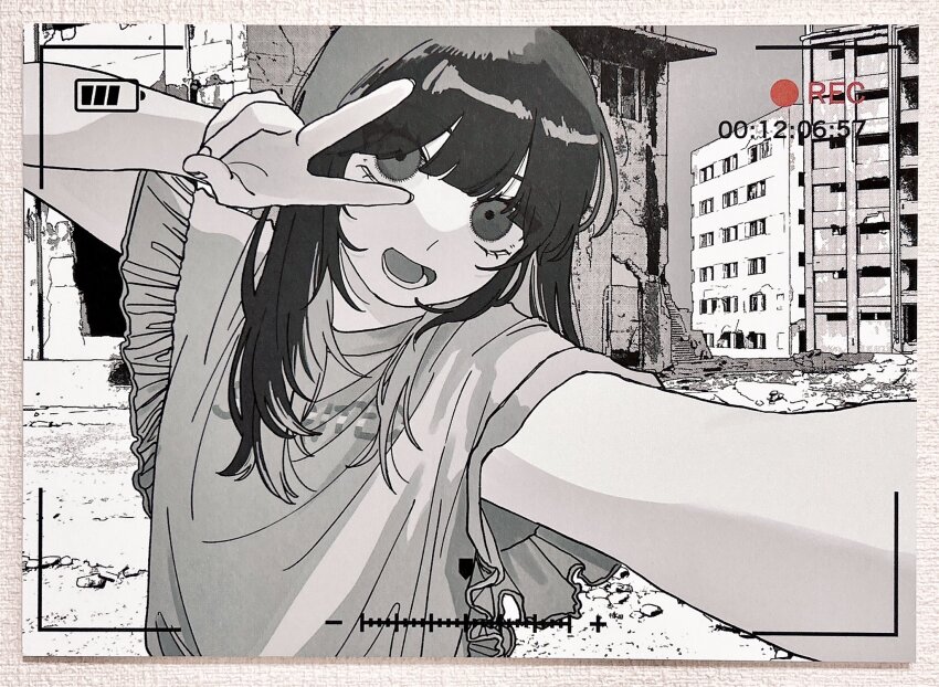 1girl, battery_indicator, black_hair, city, grey_eyes, highres, jastaway, long_hair, looking_at_viewer, monochrome, original, outdoors, recording, ruins, selfie, short_sleeves, solo, v, v_over_eye, viewfinder