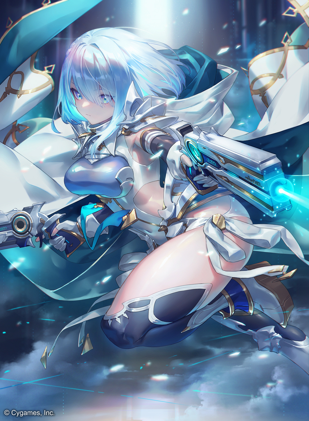 1girl, blue_eyes, blue_hair, breasts, dual_wielding, finger_on_trigger, firing, gun