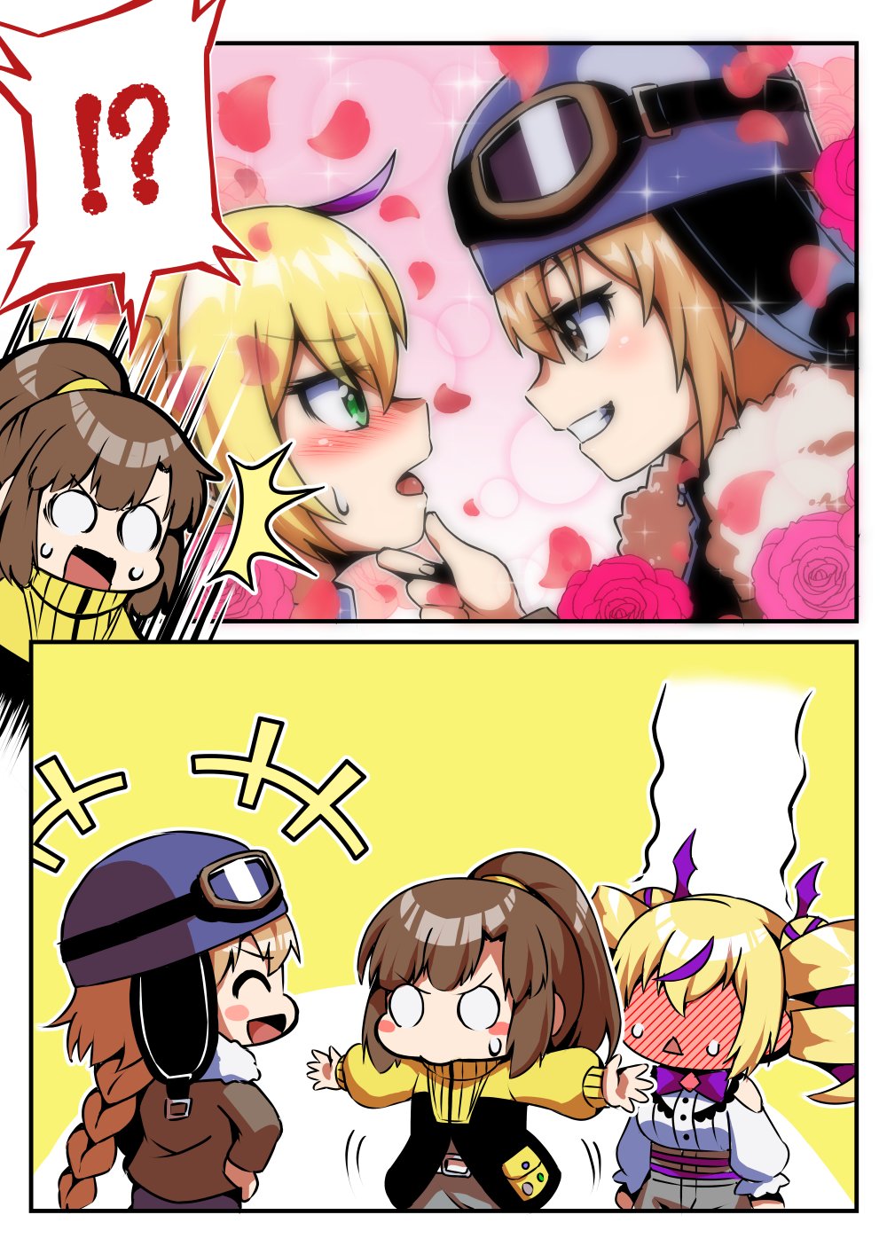 !?, 3girls, black_jacket, blonde_hair, blue_helmet, blush, braid, braided_ponytail, brown_hair, chibi, digimon, digimon_card_game, digimon_liberator, diti_(selecta), drill_hair, flower, full-face_blush, goggles, goggles_on_head, goggles_on_headwear, helmet, high_ponytail, highres, jacket, kinosaki_arisa, kinosaki_mirai, long_hair, multicolored_hair, multiple_girls, official_alternate_costume, petals, pink_background, ponytail, pout, profile, purple_hair, red_flower, red_petals, red_rose, rose, shirt, simple_background, speech_bubble, streaked_hair, surprised, twin_drills, two-tone_hair, violet_inboots, white_shirt, yellow_background, yellow_jacket, yuri