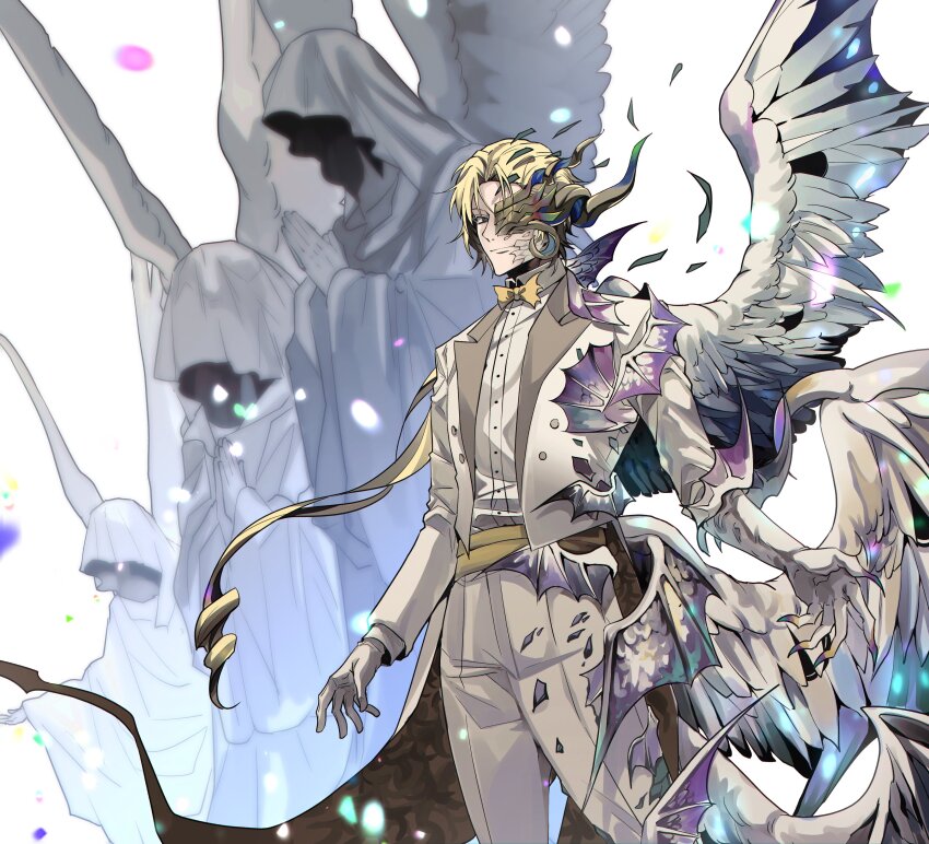 1boy, absurdres, angel_statue, bat_wings, belt, black_eyes, blonde_hair, bow, bowtie, chromatic_aberration, closed_mouth, coat, coattails, collared_shirt, cowboy_shot, curly_hair, fate/grand_order, fate_(series), feathered_wings, fingernails, fog_fgo, gloves, half_mask, highres, lapels, long_hair, long_sleeves, looking_at_viewer, male_focus, mask, multiple_wings, open_clothes, open_coat, pants, peaked_lapels, scales, sharp_fingernails, shirt, simple_background, solo, statue, tailcoat, traditional_bowtie, tuxedo, very_long_fingernails, very_long_hair, white_background, white_coat, white_gloves, white_pants, white_shirt, wing_collar, wings, wolfgang_amadeus_mozart_(celebratory_attire)_(fate), wolfgang_amadeus_mozart_(fate), yellow_belt, yellow_bow, yellow_bowtie