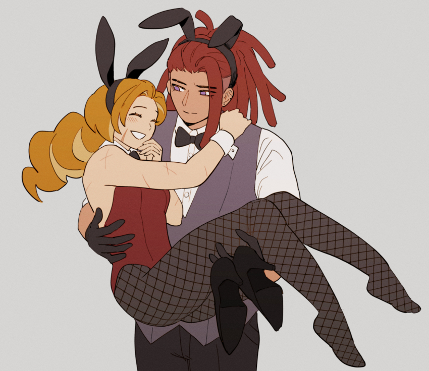 1boy, 1girl, animal_ear_hairband, animal_ears, bow, bowtie, brown_hair, carrying