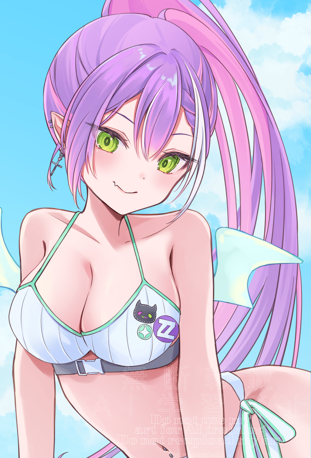 1girl, bikini, breasts, chabo_(x_xhauntedx_x), demon_girl, demon_wings, fang, green_eyes