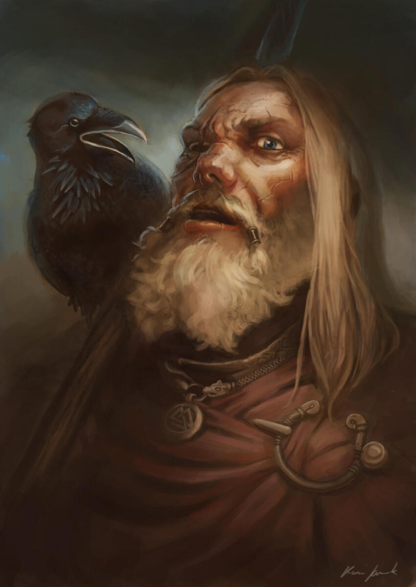 1boy, artist_name, beard, bird, blue_eyes, crow, facial_hair, headshot