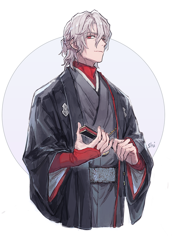 1boy, antonio_salieri_(fate), antonio_salieri_(over_the_same_sky)_(fate), artist_name, blue_background, bridal_gauntlets, closed_mouth, cropped_legs