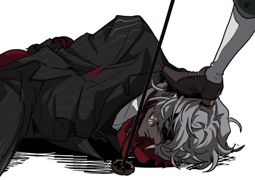 2boys, antonio_salieri_(fate), antonio_salieri_(second_ascension)_(fate), arms_behind_back, ascot, black_jacket, black_pants, bound, bound_wrists, brown_shoes, cane, character_request, chromatic_aberration, closed_mouth, fate/grand_order, fate_(series), fog_fgo, foot_on_another's_head, grey_hair, highres, jacket, loafers, long_sleeves, looking_at_another, lying, male_focus, medallion, multiple_boys, on_side, out_of_frame, pants, pinstripe_jacket, pinstripe_pants, pinstripe_pattern, red_ascot, red_eyes, shaded_face, shirt, shoes, simple_background, solo_focus, stepped_on, striped_clothes, striped_jacket, vertical-striped_clothes, vertical-striped_jacket, white_background, white_shirt