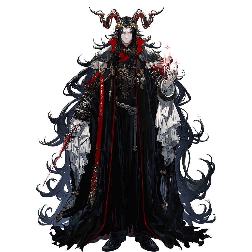 arknights, black_hair, curled_horns, full_body, hand_up, holding, holding_wand, horns