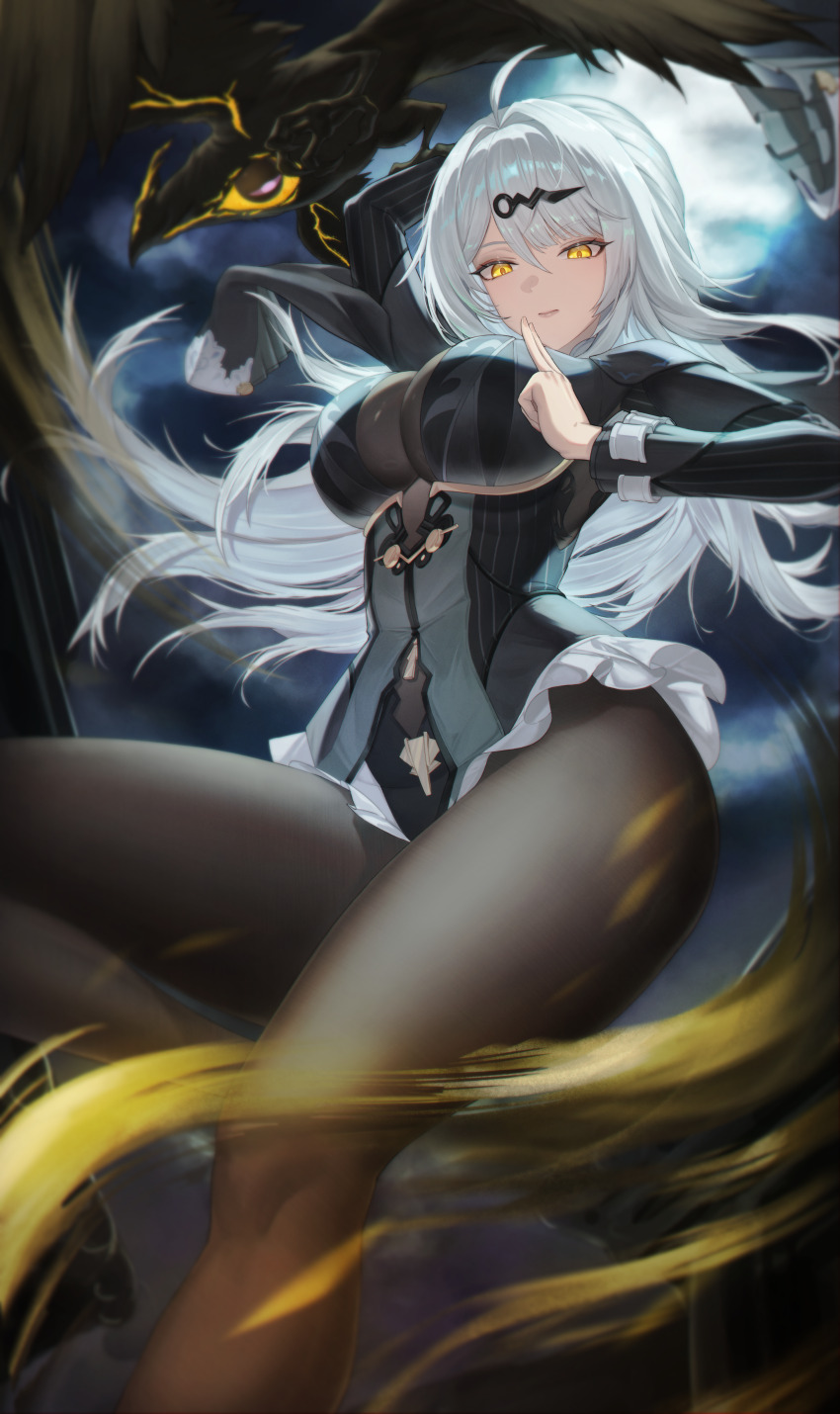 1girl, absurdres, ahoge, arm_up, bird, black_bird, black_jacket, black_pantyhose