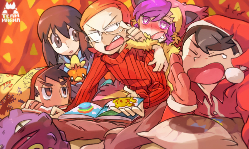 2girls, 3boys, annoyed, blush, brad_(16325), brown_hair, commentary, cosplay