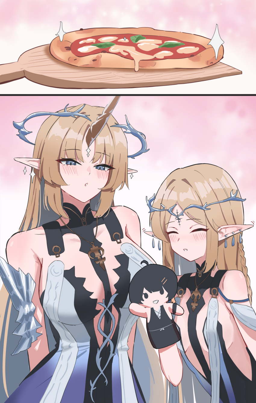 2girls, absurdres, bare_shoulders, black_collar, black_dress, blue_eyes, blush, breasts