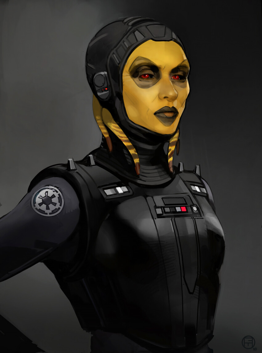 1girl, alien, brian_matyas, colored_skin, highres, imperial_logo_(star_wars), looking_at_viewer, lyn_rakish