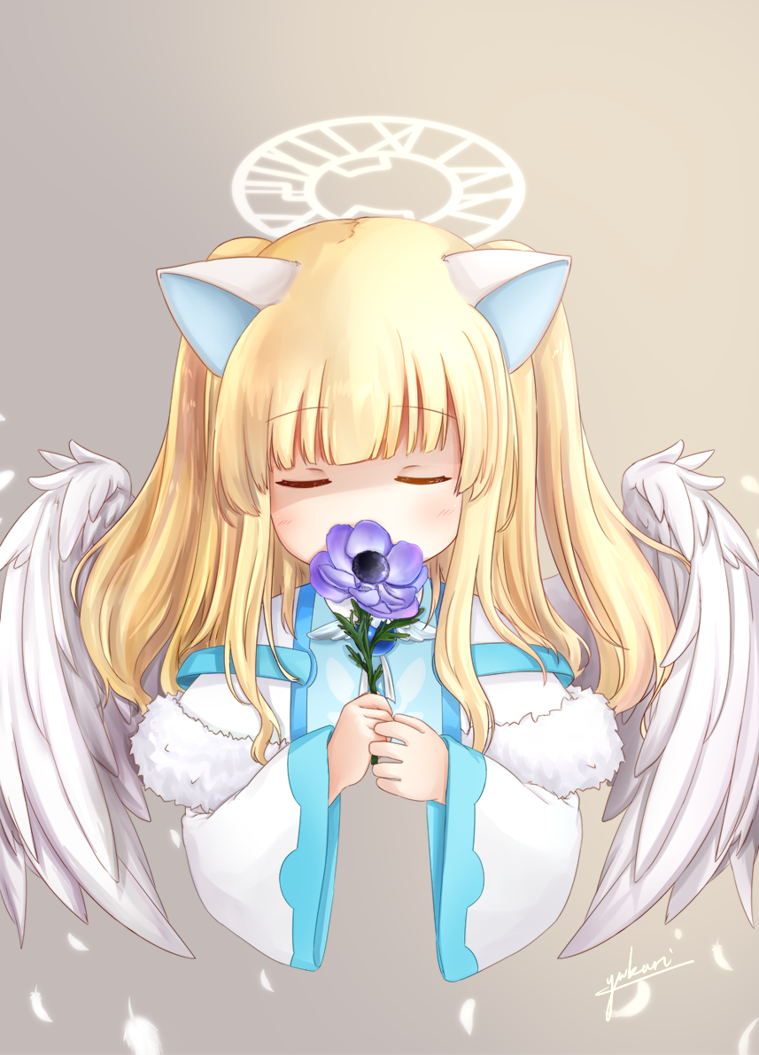 animal_ears, blonde_hair, cat_ears, cat_girl, closed_eyes, dress, emil_chronicle_online, flower