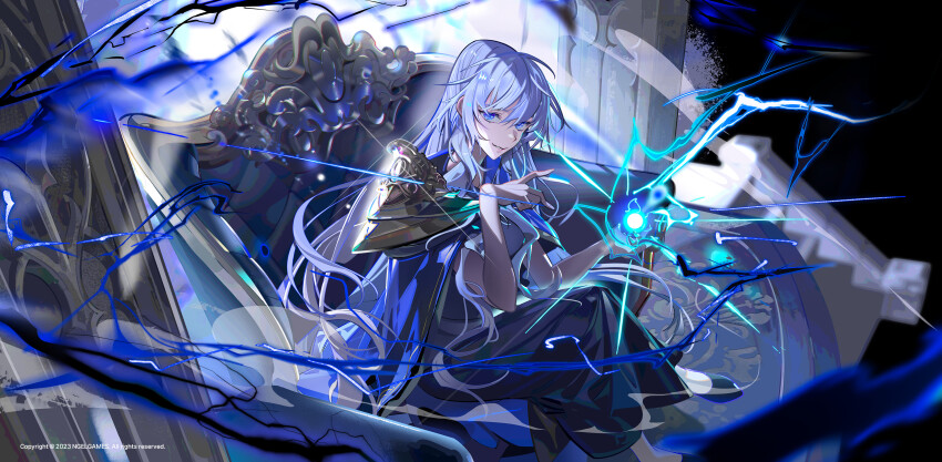 1girl, absurdres, armor, black_shoes, blue_cape, blue_carpet, blue_dress, blue_eyes