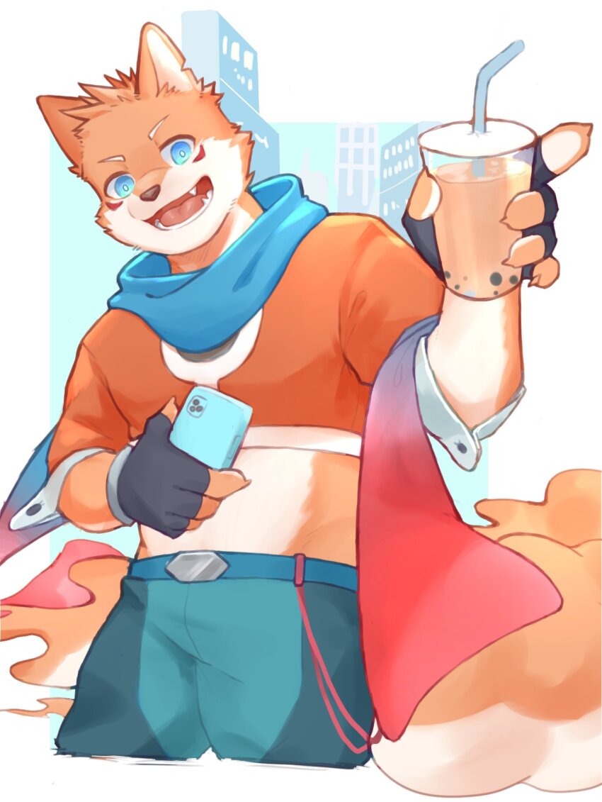 1boy, akagami_hiiro, animal_ears, blue_eyes, blue_scarf, bubble_tea, chinese_commentary, commentary