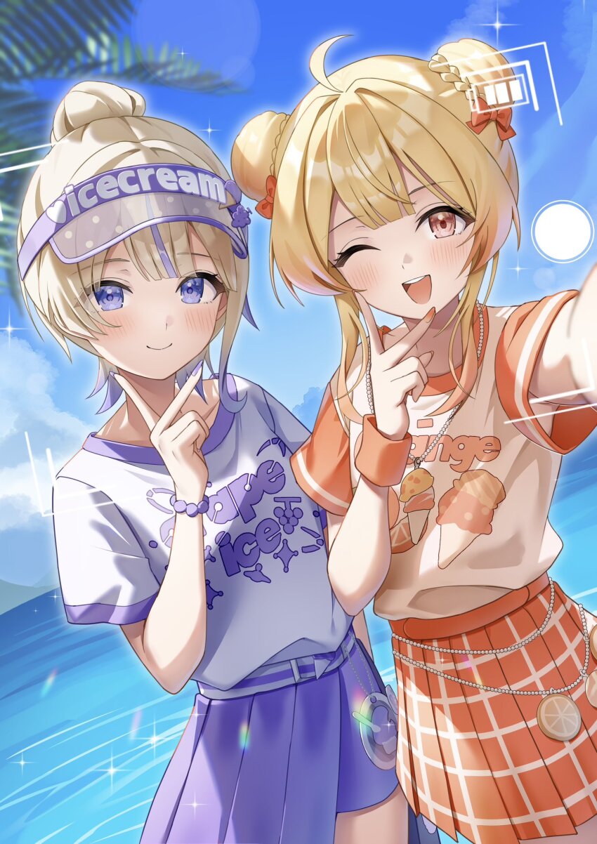 2girls, ahoge, belt, blonde_hair, blue_skirt, blush, bow, clothes_writing, double_bun, hair_bun, highres, hololive, hololive_dev_is, jewelry, looking_at_viewer, multicolored_hair, multiple_girls, necklace, ocean, one_eye_closed, open_mouth, orange_skirt, otonose_kanade, otonose_kanade_(holonatsu_paradise), outdoors, plaid_clothes, plaid_skirt, pleated_skirt, purple_eyes, purple_hair, purple_skirt, red_eyes, selfie, shirt, short_sleeves, skirt, sky, smile, streaked_hair, todoroki_hajime, todoroki_hajime_(holonatsu_paradise), v, viewfinder, virtual_youtuber, visor_cap, white_shirt, yoshidadon