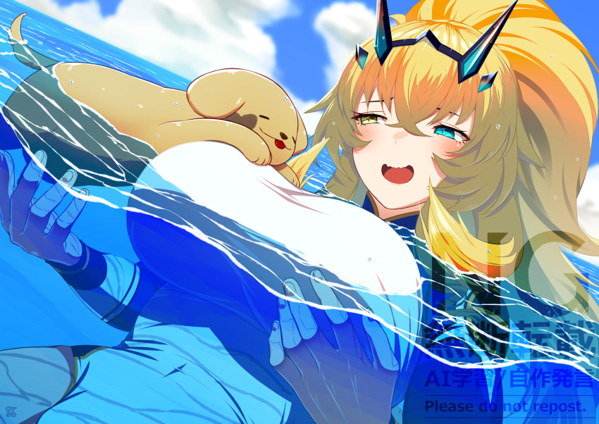 1girl, barghest_(fate), barghest_(over_the_same_sky)_(fate), blonde_hair, blue_sky, blue_wetsuit, blush, bodysuit