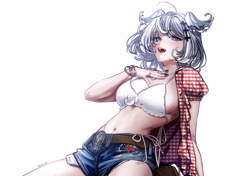 1girl, absurdres, ahoge, aqua_eyes, artist_name, belt, black_nails, blush