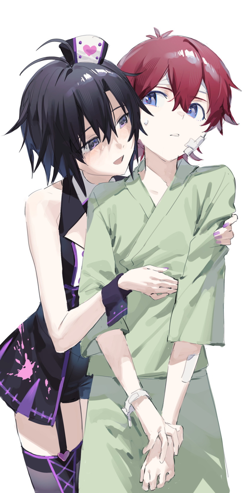 2girls, absurdres, antenna_hair, bandage_on_face, bandages, bandaid, bandaid_on_arm, behind_another