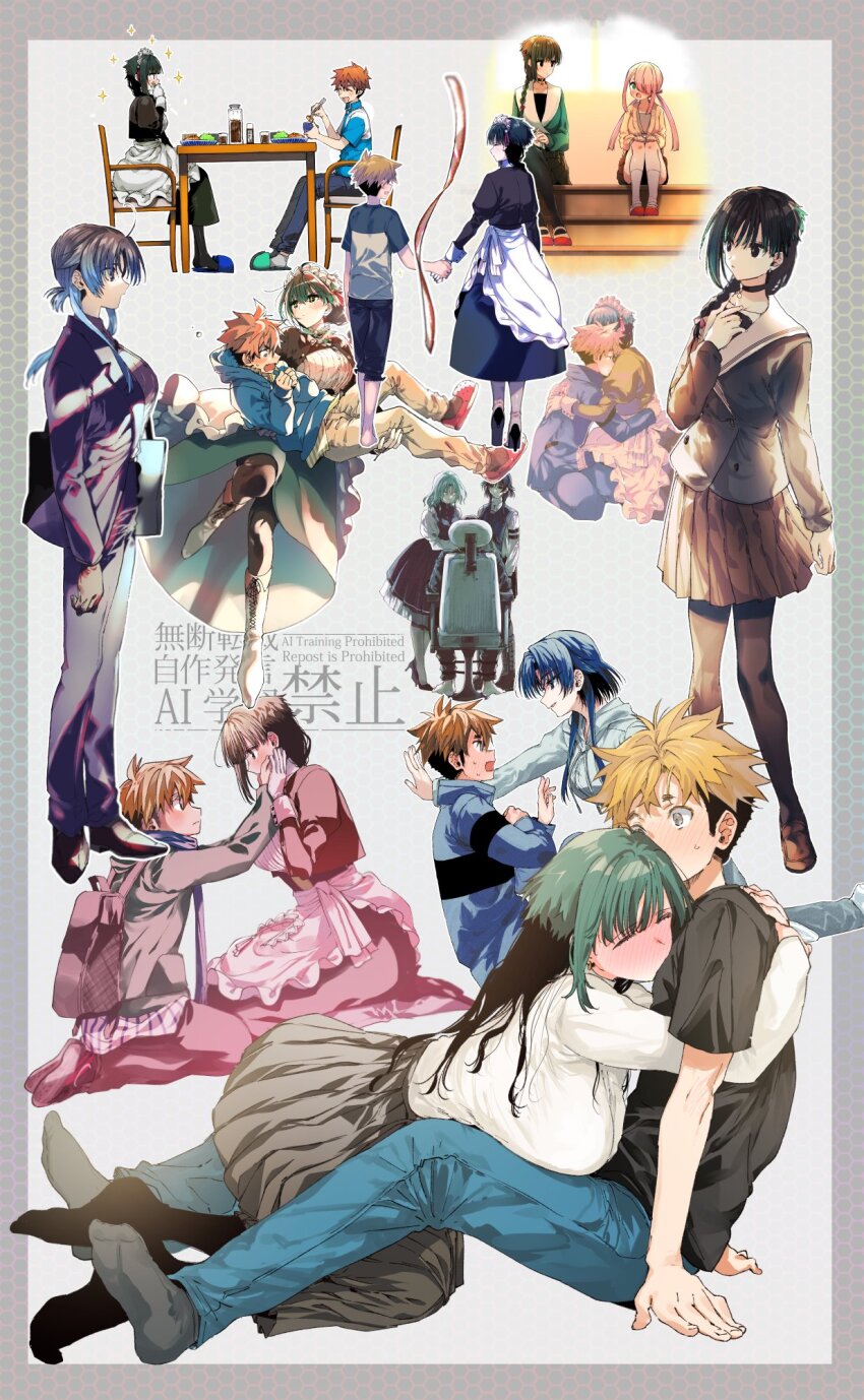 1boy, 3girls, anna_(kimi_wa_meido-sama), black_eyes, black_hair, black_serafuku, black_shirt, black_skirt