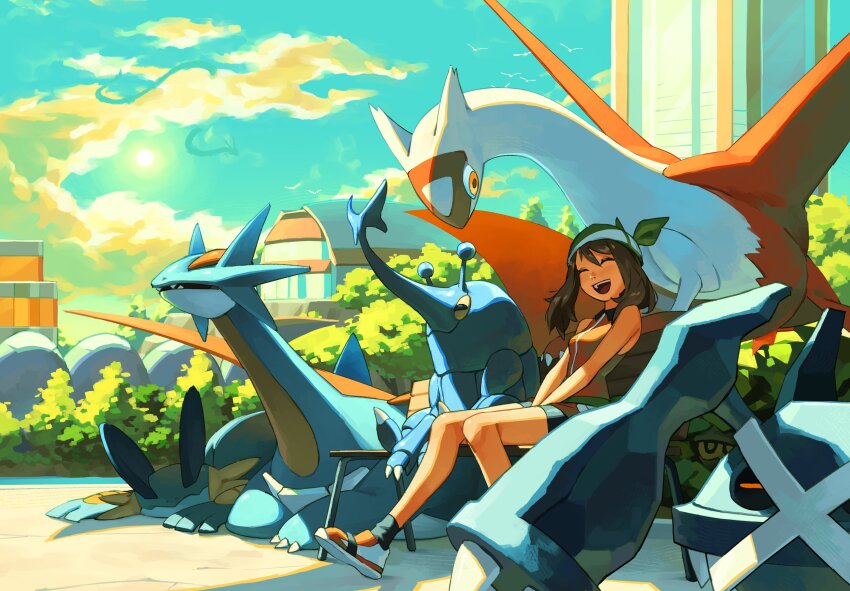 1girl, absurdres, bandana, battle_frontier_(pokemon), bench, bike_shorts, bike_shorts_under_shorts, blush