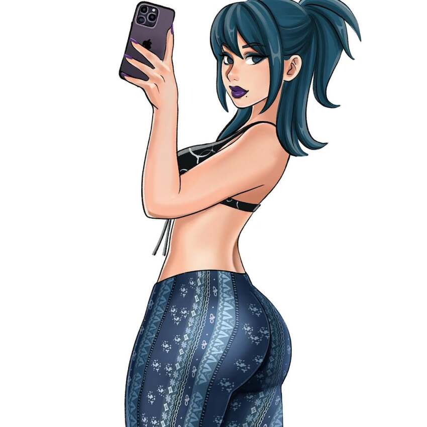 1girl, ass, black_bra, blue_hair, blue_pants, bra, breasts, cellphone, forbidden_pants, fortnite, gigis_lab, holding, holding_phone, hope_(fortnite), iphone, looking_at_viewer, medium_breasts, pants, phone, print_pants, simple_background, smartphone, solo, underwear, white_background