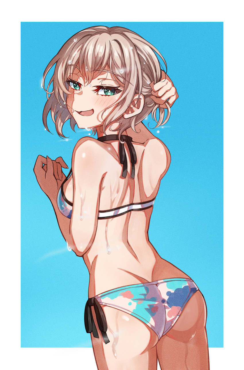 1girl, absurdres, aoba_moca, ass, bang_dream!, bang_dream!_girls_band_party!, bikini, blue_background, blue_bikini, blue_eyes, blush, border, commentary, grey_hair, highres, junji_17, looking_at_viewer, looking_back, open_mouth, short_hair, solo, swimsuit, wet, white_border