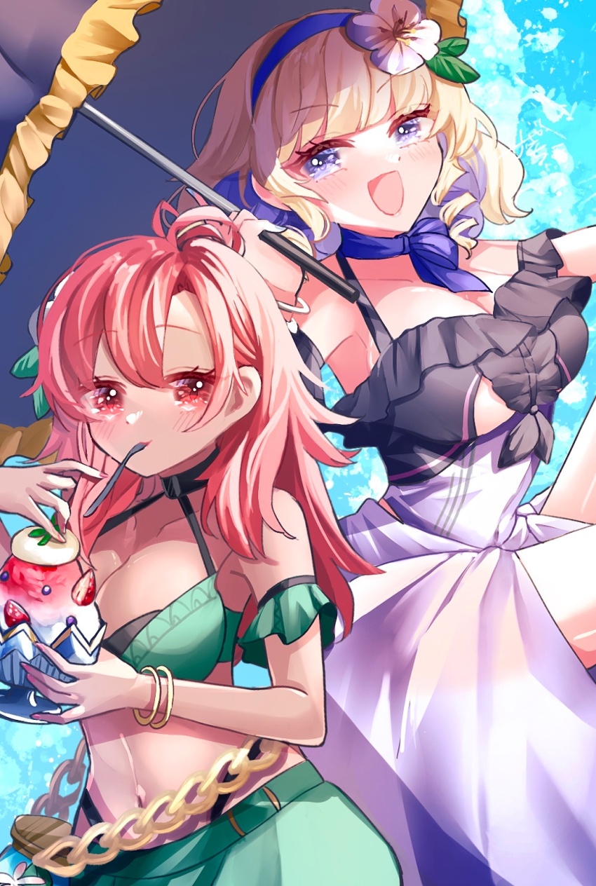 2girls, bare_shoulders, berry, bikini, blonde_hair, breasts, cleavage, closed_mouth