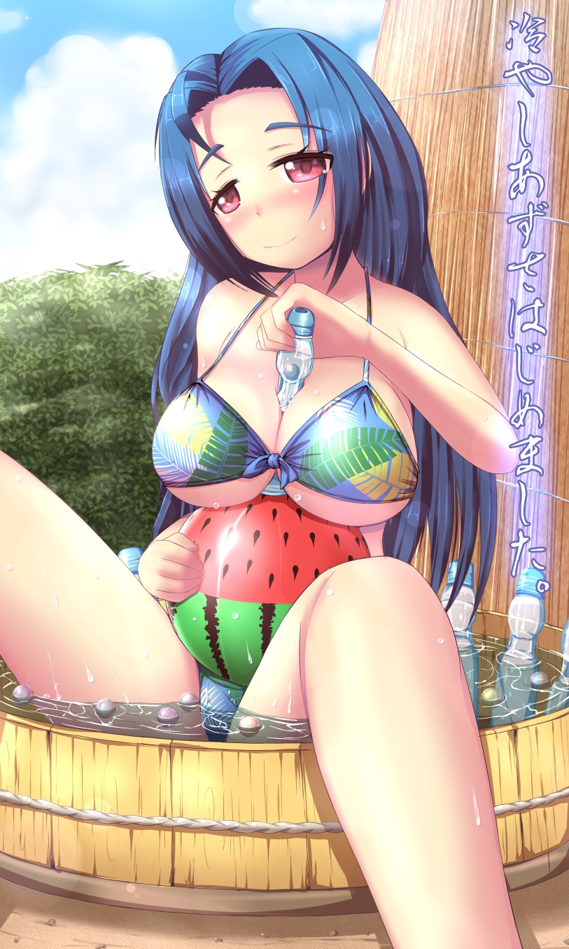 1girl, ball, beachball, between_breasts, bikini, blue_hair, bottle, breasts