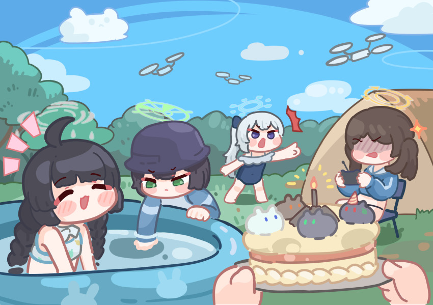 4girls, birthday_cake, black_hair, blue_archive, cake, deformed, food, green_eyes