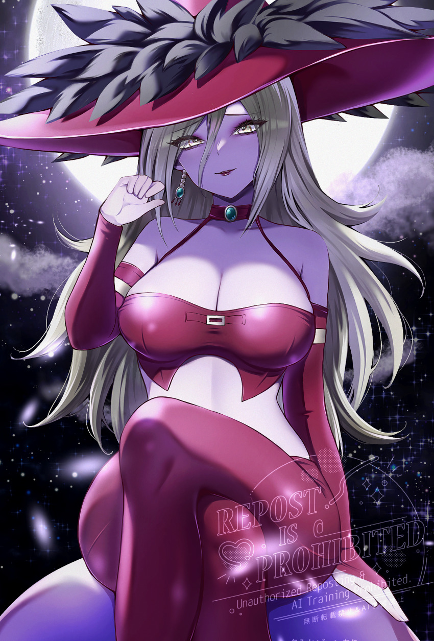 1girl, aqua_gem, black_feathers, black_sky, blonde_hair, breasts, bridal_gauntlets, cleavage