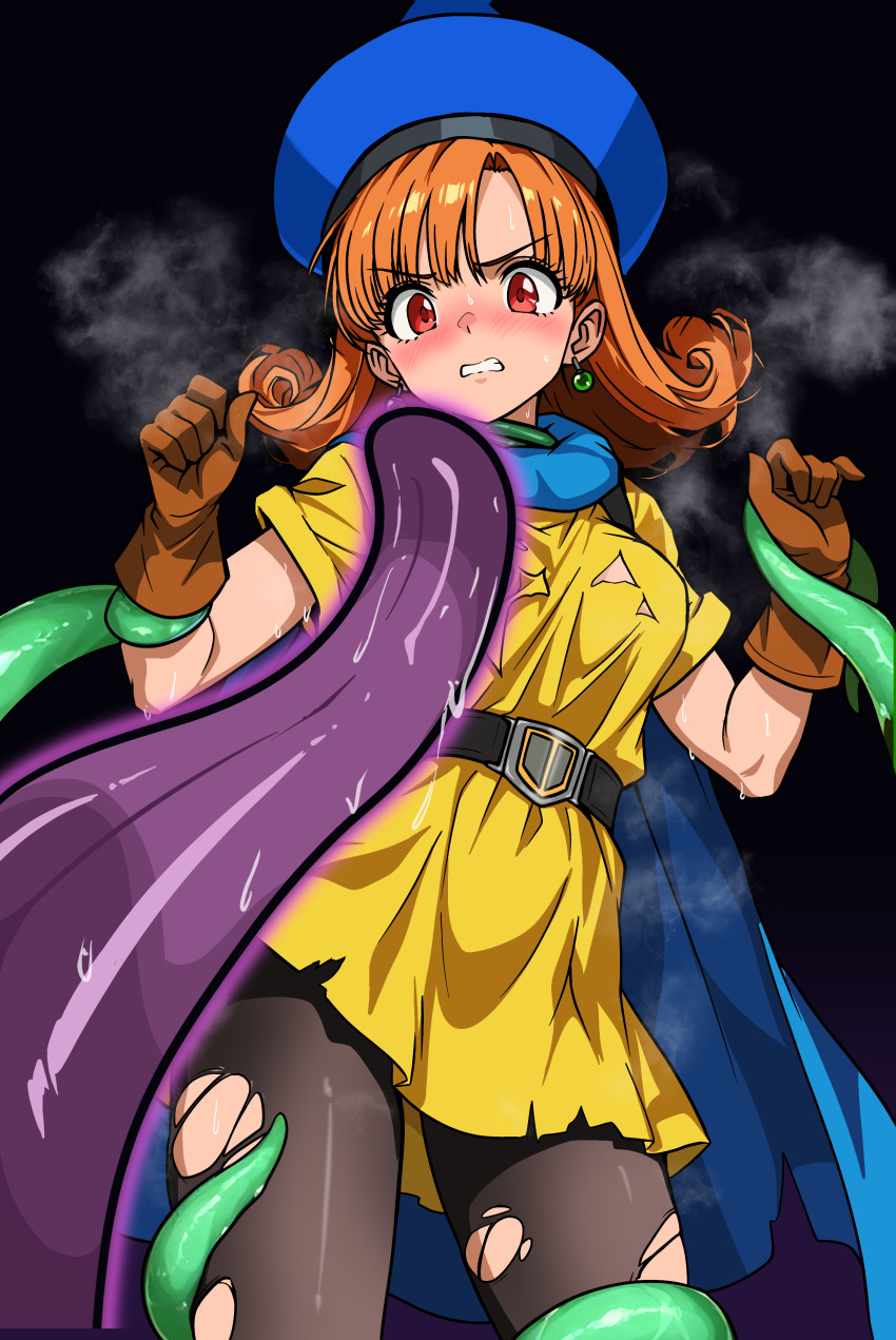 1girl, 1other, absurdres, alena_(dq4), anime_coloring, black_background, black_pantyhose, blue_cape