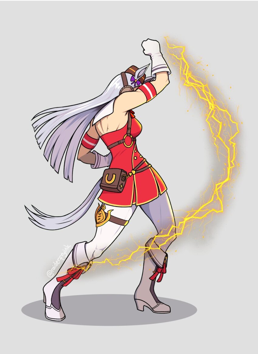 1girl, bare_shoulders, boots, breasts, character_request, clenched_hand, dress, electric_wind_god_fist, electricity, fighting_game, gloves, gold_ship_(red_strife)_(umamusume), gold_ship_(umamusume), grey_background, grey_hair, highres, horse_girl, pantyhose, punching, raider_fry, red_dress, simple_background, solo, tekken, umamusume, white_boots, white_gloves, white_pantyhose