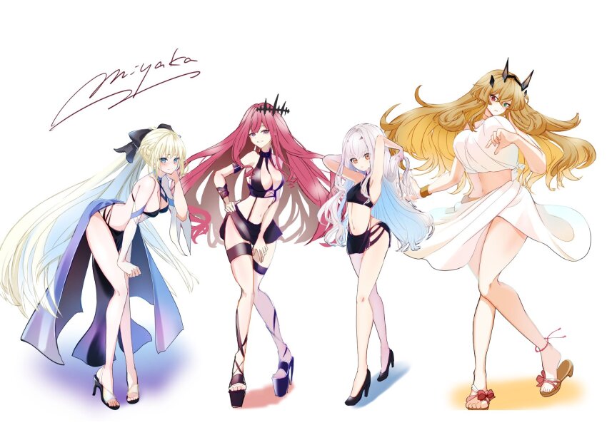 4girls, baobhan_sith_(fate), barghest_(fate), bikini, black_bikini, black_skirt, blonde_hair, blue_eyes