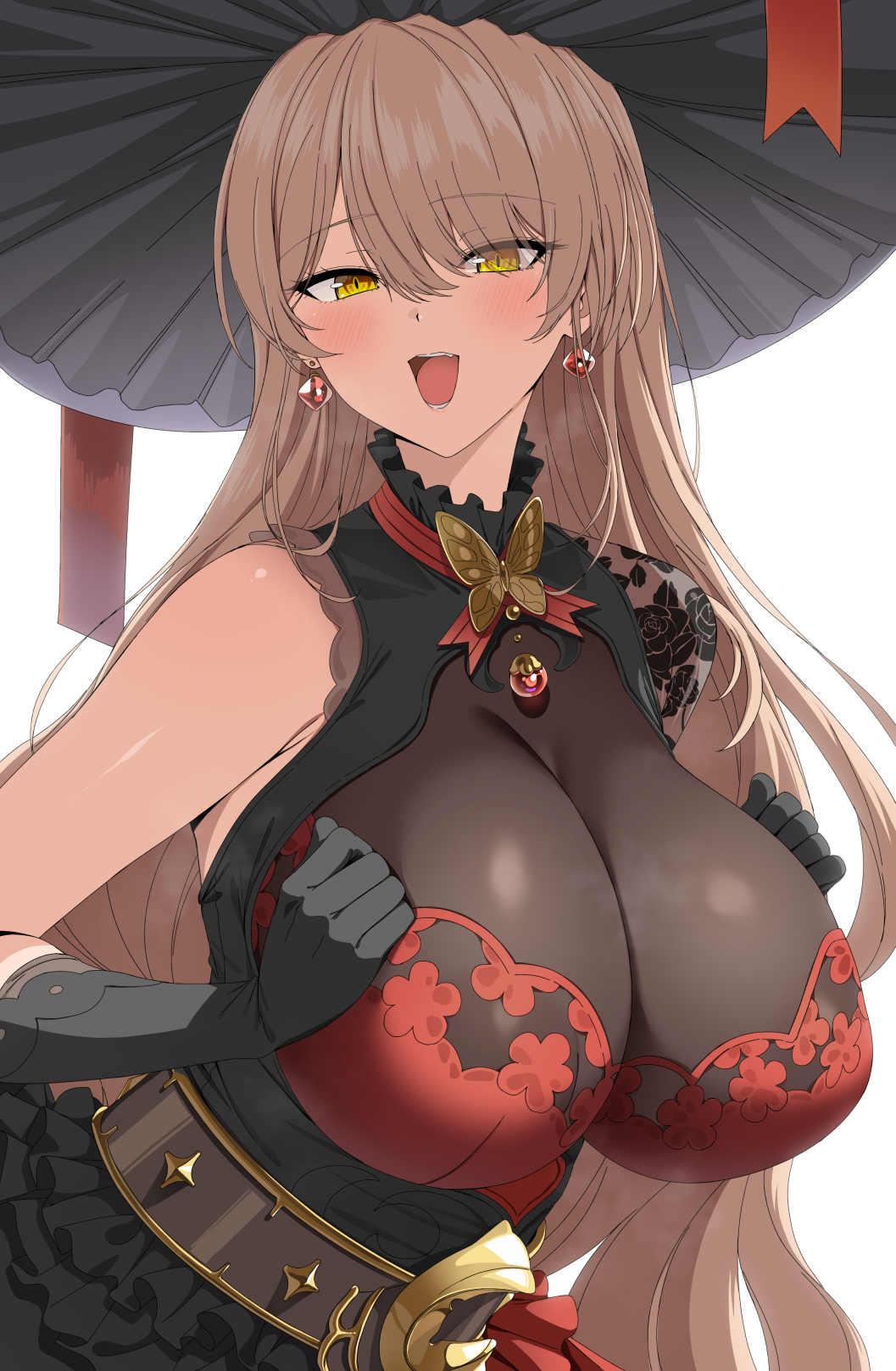 1girl, alternate_breast_size_(larger), black_gloves, black_hat, blush, breasts, brooch, brown_hair, butterfly_brooch, butterfly_ornament, commentary_request, commission, elbow_gloves, fuooooo, gloves, gold_trim, hat, highres, huge_breasts, jewelry, lace_dress, long_hair, looking_at_viewer, nijisanji, nui_sociere, nui_sociere_(8th_costume), open_mouth, pixiv_commission, see-through_cleavage, see-through_clothes, single_bare_shoulder, smile, solo, upper_body, virtual_youtuber, witch_hat, yellow_eyes
