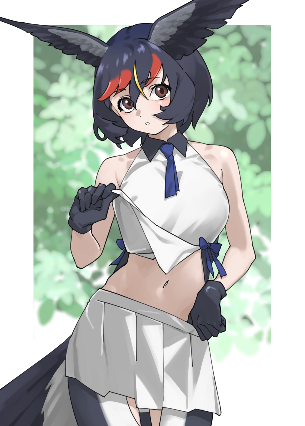 1girl, bare_arms, bare_shoulders, barn_swallow_(kemono_friends), bird_girl, bird_tail, bird_wings, black_gloves, black_hair, blonde_hair, border, brown_hair, clothes_lift, collared_shirt, cowboy_shot, gloves, hair_between_eyes, hand_up, head_wings, highres, kemono_friends, kemono_friends_3, legs_apart, lifting_own_clothes, looking_at_viewer, medium_hair, miniskirt, multicolored_hair, navel, necktie, outside_border, parted_lips, red_hair, shirt, shirt_lift, short_necktie, skirt, sleeveless, sleeveless_shirt, solo, stomach, tail, tanabe_(fueisei), white_border, white_shirt, white_skirt, wing_collar, wings