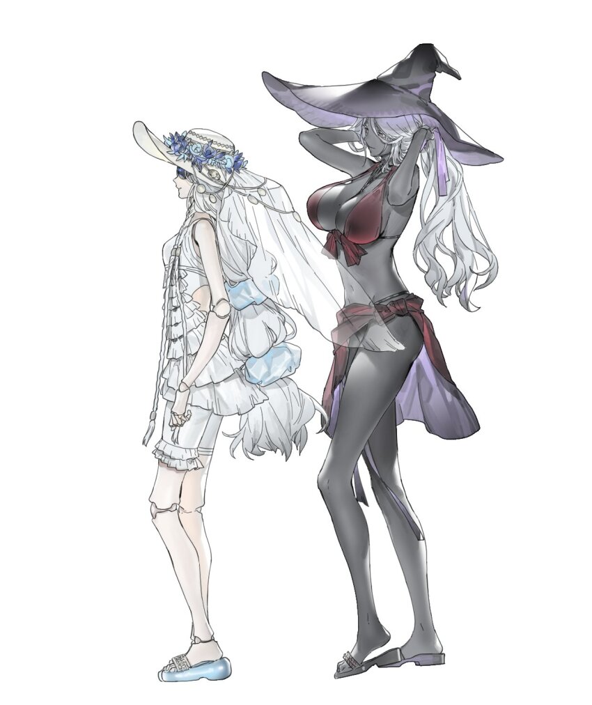 2girls, bikini, black_skin, breasts, cleavage, colored_skin, dark-skinned_female, dark_skin, dress, elden_ring, elden_ring_nightreign, hat, highres, large_breasts, large_hat, long_hair, multiple_girls, purple_hat, recluse_(elden_ring), revenant_(elden_ring), riio, swimsuit, very_dark_skin, white_hair, witch, witch_hat