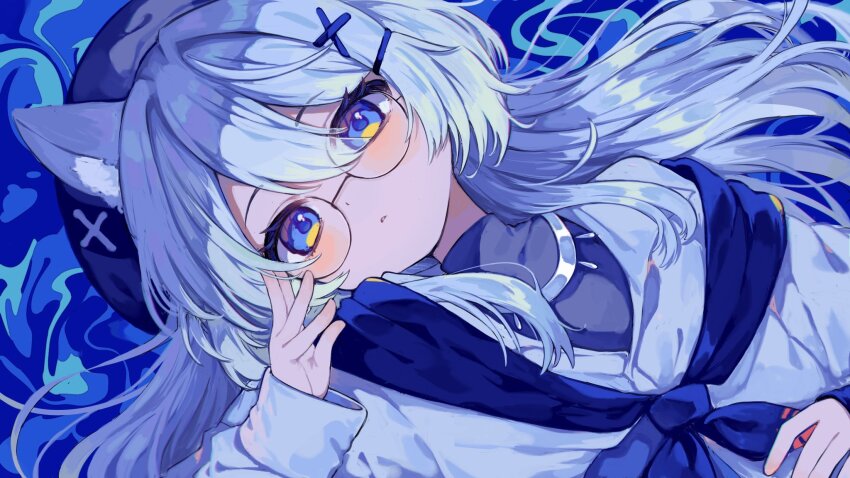 1girl, adjusting_eyewear, animal_ears, black-framed_eyewear, blue_eyes, blush, borrowed_character, closed_mouth