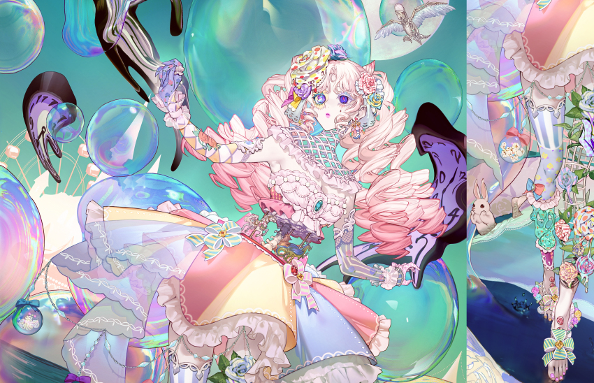 1girl, absurdres, analog_clock, animal, animal_skeleton, aqua_background, aqua_gem, argyle_background