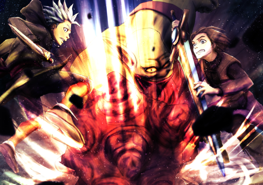 3boys, black_pants, blue_background, blue_eyes, blue_hair, boss_troll, brown_hair, camus_(dq11), clenched_teeth, club, club_(weapon), colored_sclera, colored_skin, commentary_request, dagger, dodging, dragon_quest, dragon_quest_xi, earrings, fighting, floating_clothes, floating_hair, green_skin, green_tunic, hero_(dq11), holding, holding_club, holding_dagger, holding_knife, holding_sword, holding_weapon, hoop_earrings, jewelry, knife, male_focus, multiple_boys, orange_socks, pants, parted_hair, pointy_ears, popon_(user_eaem5325), profile, purple_tunic, short_hair, socks, spiked_club, spiked_hair, sword, teeth, tunic, weapon, wide-eyed, yellow_sclera