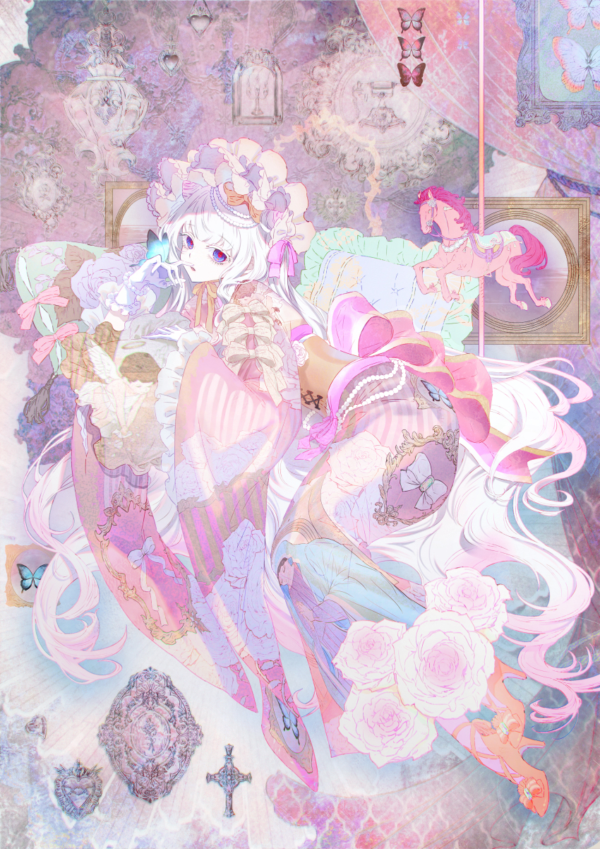 1girl, absurdres, angel_print, antique_phone, back_bow, bead_belt, beads, blue_butterfly, blue_eyes, bow, bow_print, bracelet, brown_corset, bug, butterfly, butterfly_on_hand, candelabra, candlestand, carousel, chinstrap, colored_eyelashes, corset, cross, curtains, fanged_bangs, floral_print, flower, flower_trim, footwear_bow, framed_insect, frilled_gloves, frilled_kimono, frilled_pillow, frilled_sleeves, frills, full_body, gem, gloves, green_gem, hair_beads, hair_bow, hair_ornament, hairband, hand_up, heart, high_heels, highres, hugging_object, insect, japanese_clothes, jewelry, kimono, lamp, lolita_fashion, lolita_hairband, long_hair, lying, mobile, nanase_miri, official_art, on_side, orange_bow, orange_shoes, original, pantyhose, parted_lips, pastel_colors, pearl_bracelet, picture_frame, pillow, pillow_hug, pink_bow, pink_butterfly, pink_flower, pink_kimono, pink_pantyhose, pink_rose, print_kimono, pumps, reclining, red_pupils, rose, rose_print, shoes, sidelocks, sideways_glance, sleeve_bow, striped_clothes, striped_kimono, symbol-shaped_pupils, vertical-striped_clothes, vertical-striped_kimono, very_long_hair, virgin_mary, wa_lolita, wavy_hair, white_bow, white_gloves, white_hair, wide_sleeves