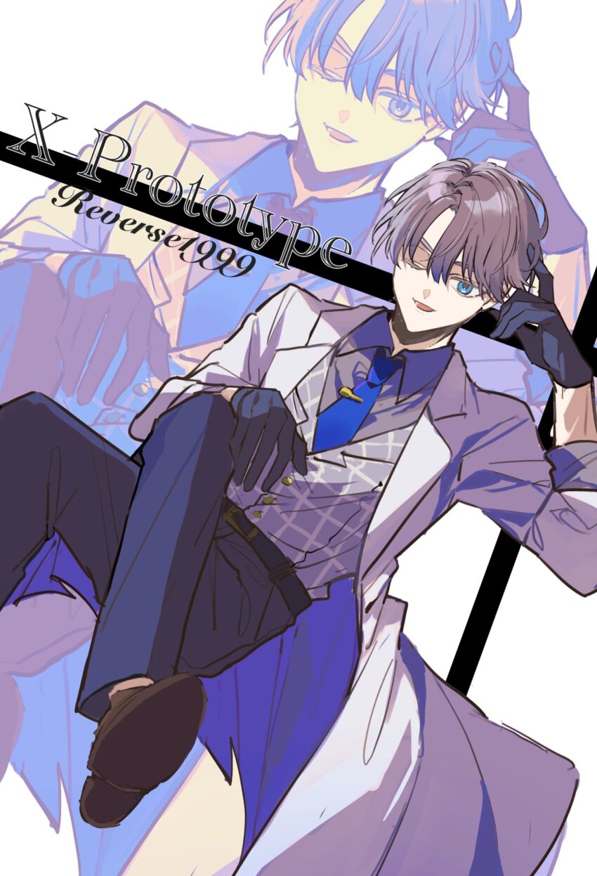 1boy, ;p, alternate_costume, black_gloves, black_pants, blue_eyes, blue_necktie, brown_shoes
