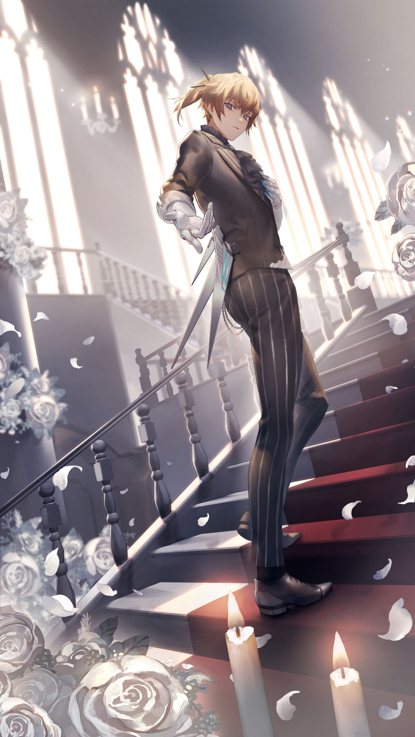 1boy, absurdres, arched_window, ascot, beckoning, black_ascot, black_jacket, black_pants