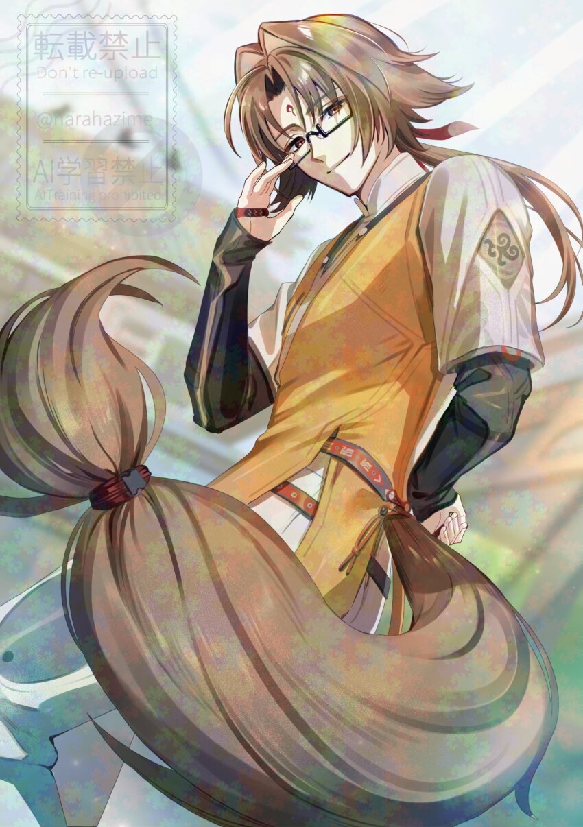 1boy, adversarial_noise, animal_ears, arm_behind_back, brown_eyes, brown_hair, chinese_clothes, facial_mark, fractal_noise, glasses, highres, long_hair, looking_at_viewer, male_focus, narahazime, smile, solo, tail, watermark, ye_shiyuan, zenless_zone_zero