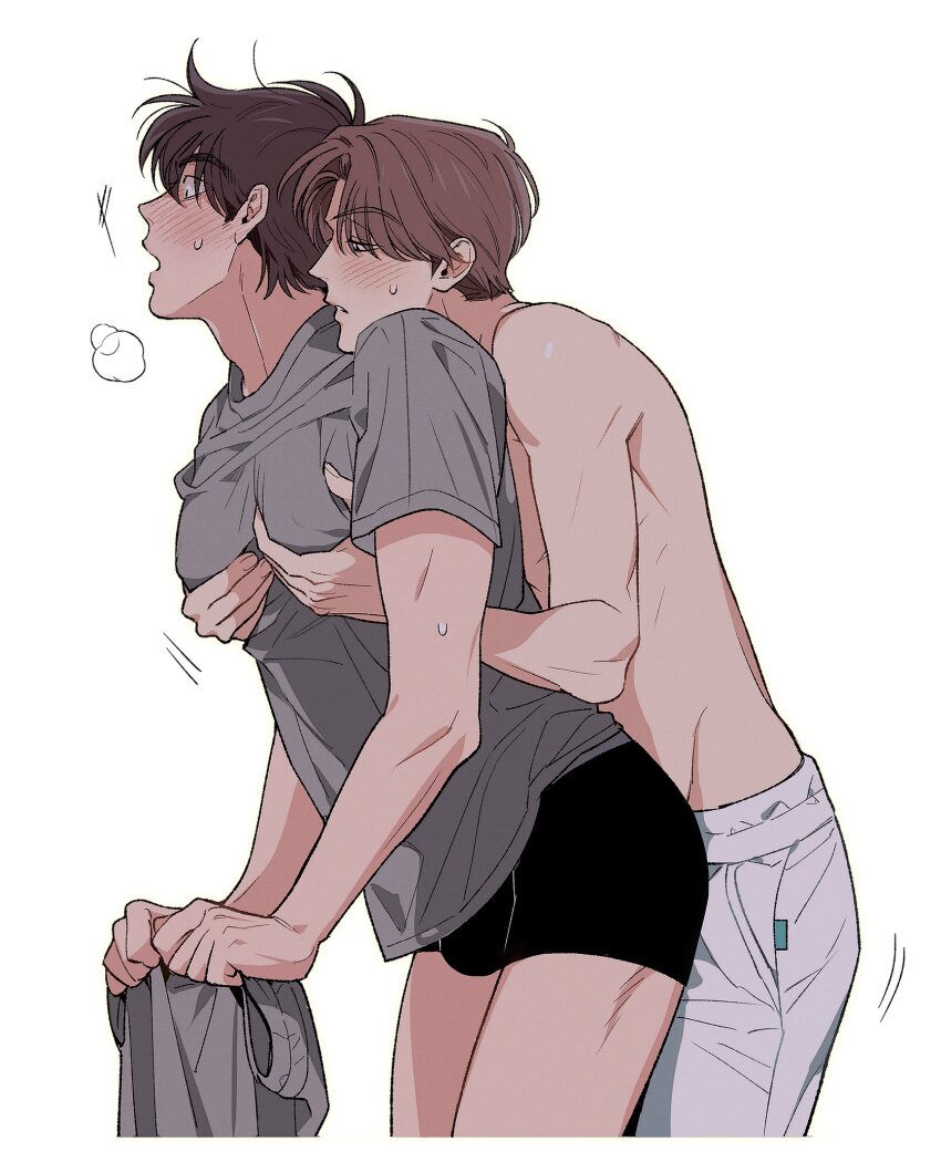 2boys, alternate_costume, alternate_hairstyle, black_male_underwear, blush, bulge, commentary, contemporary, doi_hansuke, grey_pants, grey_shirt, highres, holding_pants, hug, hug_from_behind, male_focus, male_underwear, multiple_boys, nowhere616, pants, pectoral_grab, pectorals, pocket, puff_of_air, rakudai_ninja_rantarou, shirt, untranslatable_commentary, underwear, unworn_pants, white_pants, yamada_rikichi, yaoi