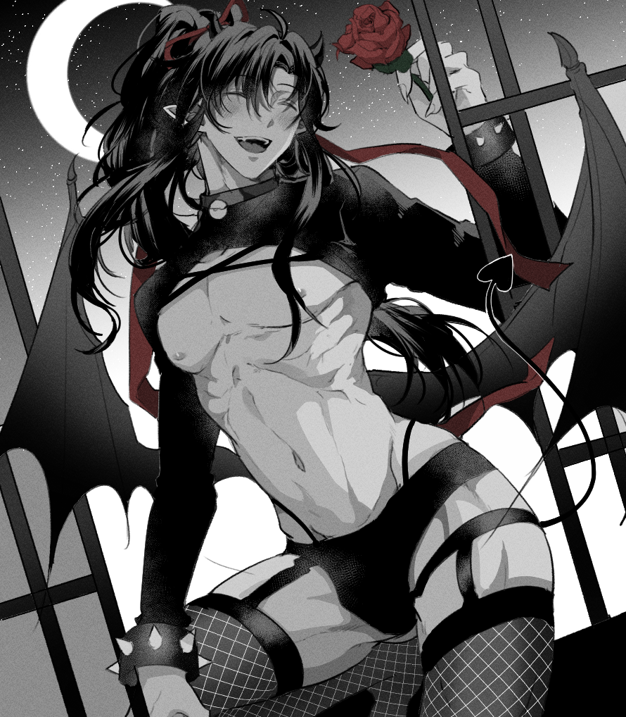 1boy, abs, ahoge, alternate_costume, bare_pectorals, bishounen, black_collar, black_hair