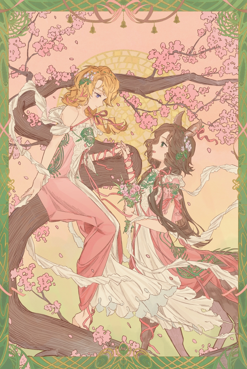 absurdres, alternate_costume, animal_ears, arm_ribbon, bare_shoulders, barefoot, bell, blonde_hair