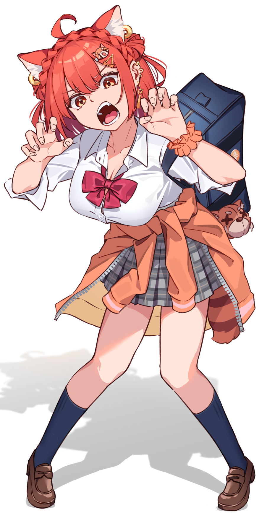 1girl, ahoge, animal_ear_piercing, animal_ears, bag, black_socks, bow, bowtie